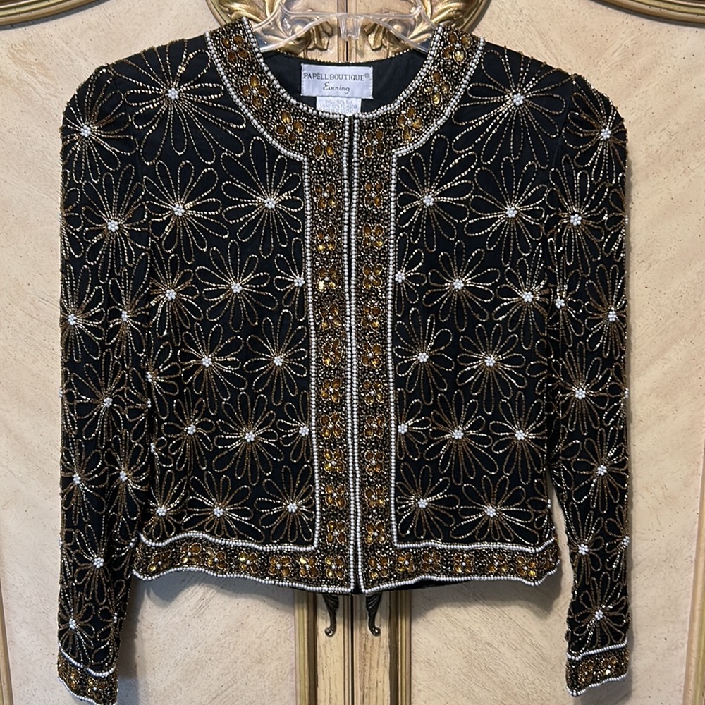 Papell Boutique Vintage Black Gold Floral Sequin Beaded Silk Glamorous Jacket